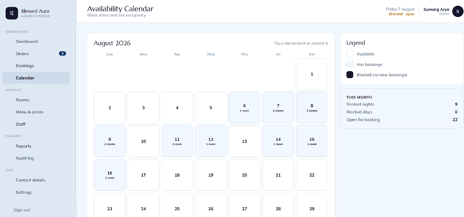 Availability calendar — block dates and read occupancy fast