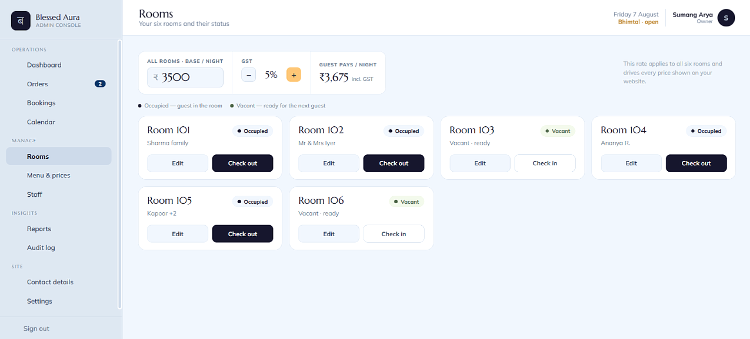 Rooms and rates — live status with one honest nightly price